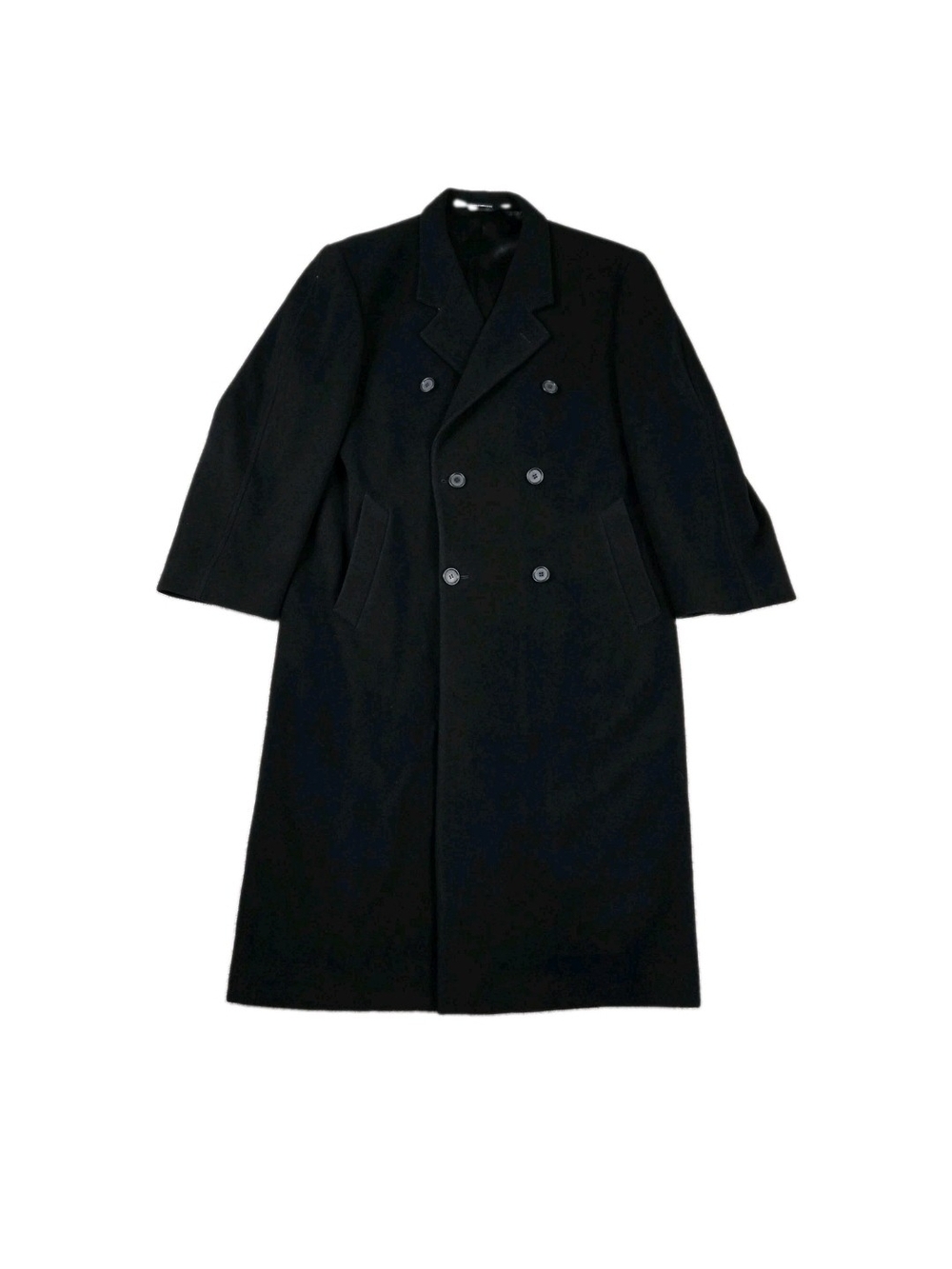 Ralph Lauren Long Coat Mens 44L Black Double Breasted Lambswool Overcoat Preppy